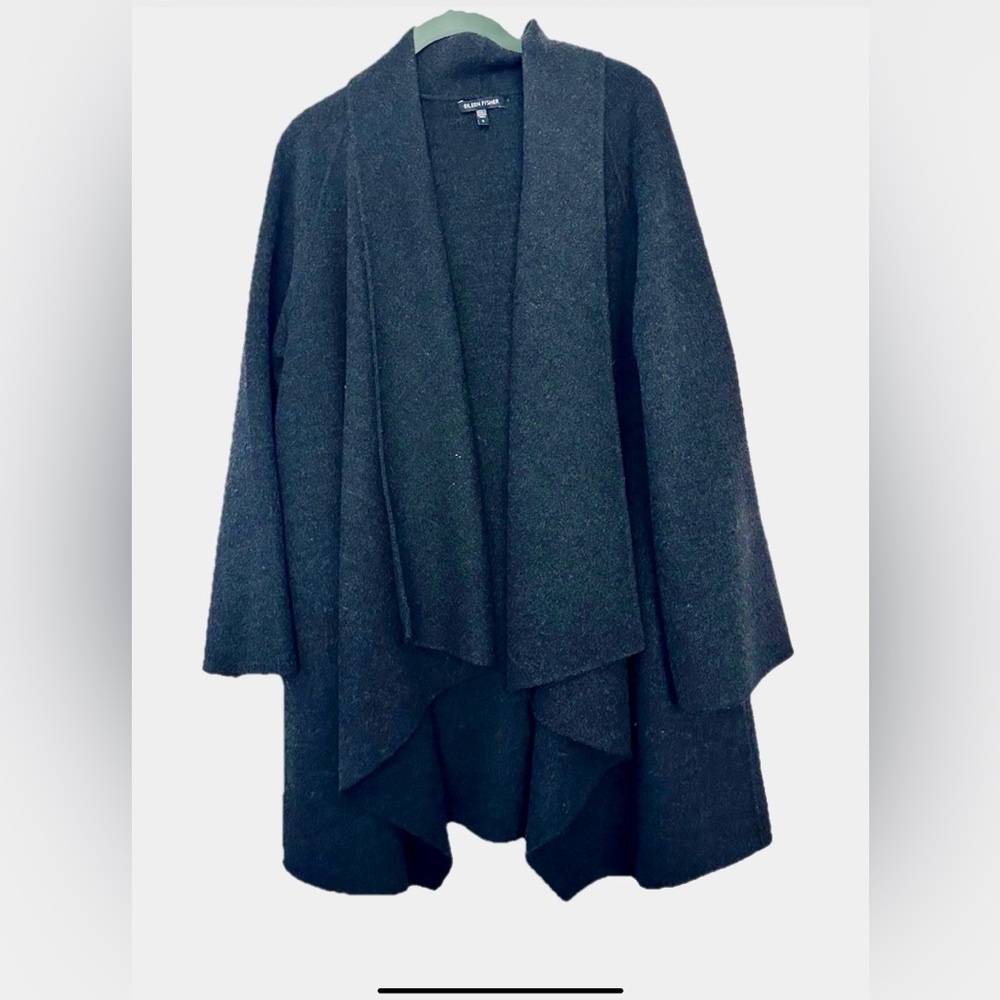 Eileen Fisher Gray Draped Wool Cardigan Jacket Open Front